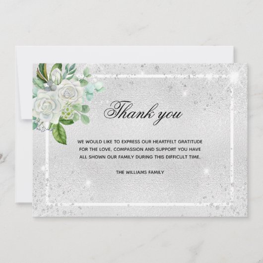 悔やみや弔慰シルバーグリッターフローラ感謝してい写真 サンキューカード (正面)