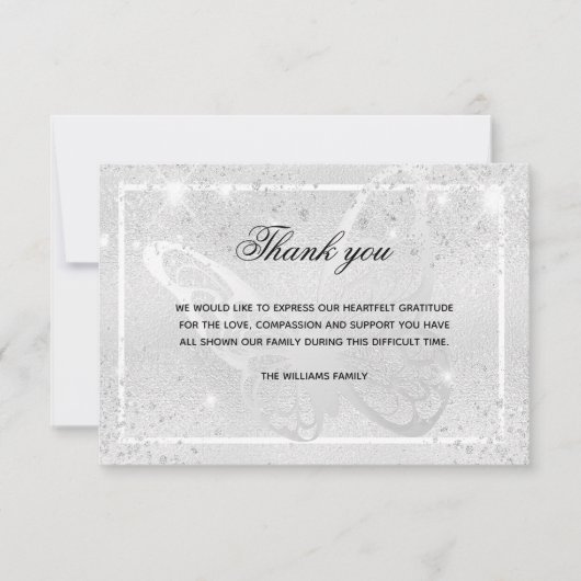 悔やみや弔慰シルバーバタフライ感謝していフォトユー サンキューカード (正面)