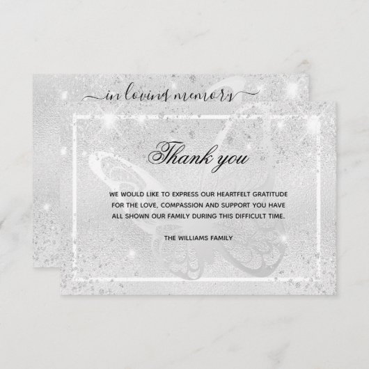 悔やみや弔慰シルバーバタフライ感謝していフォトユー サンキューカード (正面/裏面)
