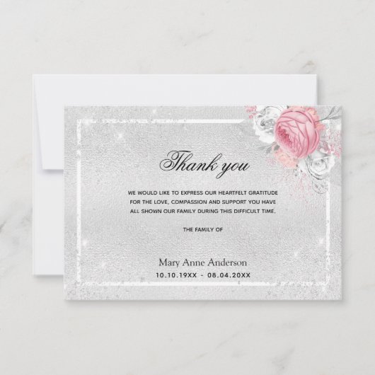 悔やみや弔慰シルバーピンク感謝していフラール サンキューカード (正面)