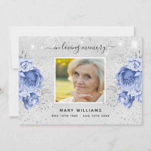 悔やみや弔慰シルバーブルーフローラ写真のキラキラ サンキューカード (裏面)