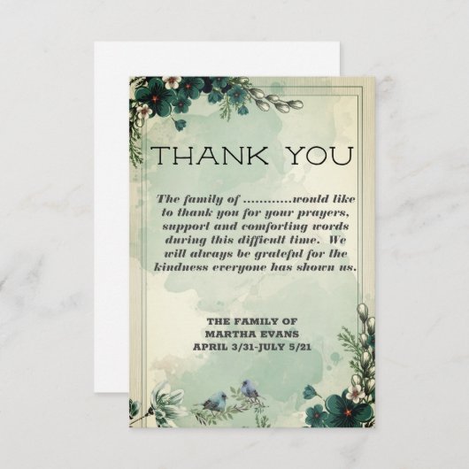 悔やみや弔慰ティール（緑がかった色）花模様悔やみや弔慰ありがとう サンキューカード (正面/裏面)