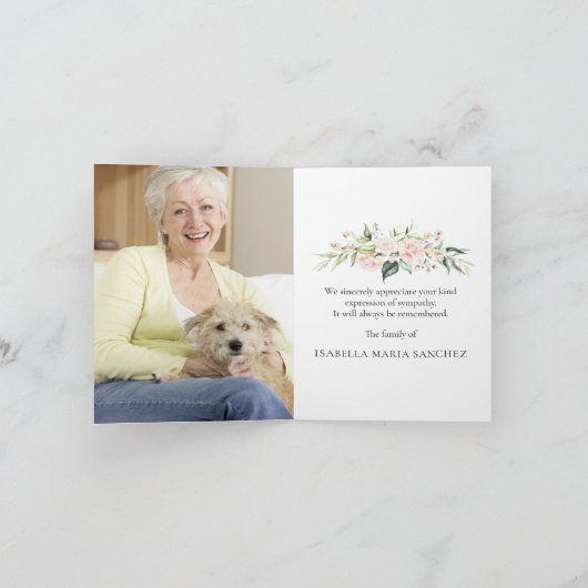 悔やみや弔慰ピンクのフローラ写真葬儀折り畳み サンキューカード (内部)
