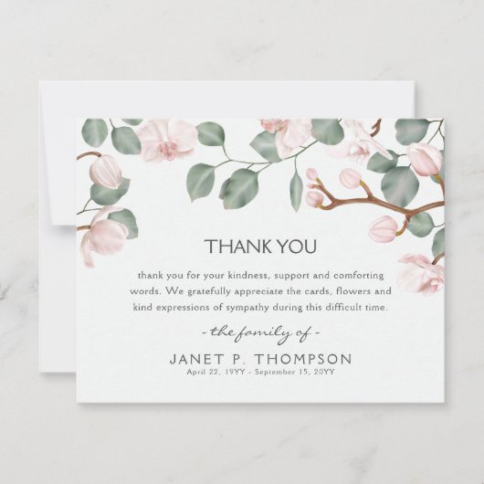 悔やみや弔慰ピンクの蘭と緑の死別 サンキューカード (正面)