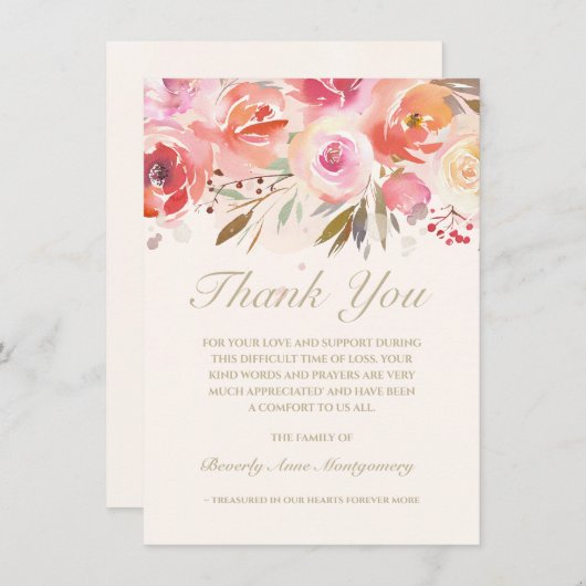 悔やみや弔慰ピンクウォーター色フローラありがとう サンキューカード (正面/裏面)