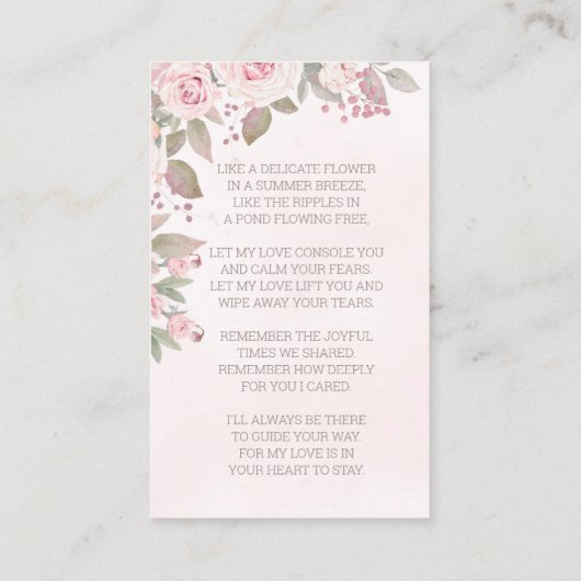 悔やみや弔慰ピンクフローラ写真葬儀記念カード 名刺 (裏面)