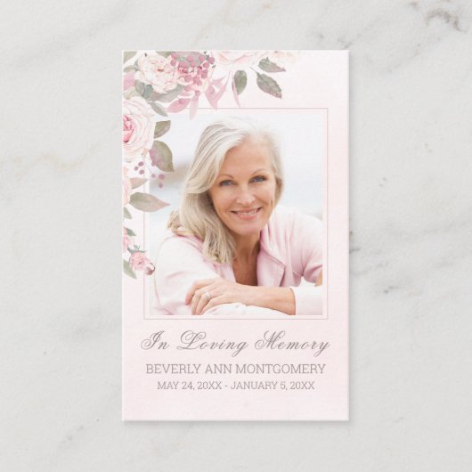 悔やみや弔慰ピンクフローラ写真葬儀記念カード 名刺 (正面)