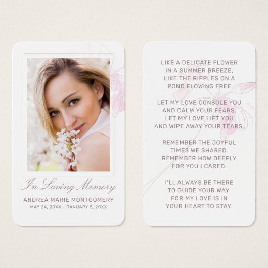 悔やみや弔慰ピンクフローラ写真追悼式カード (正面&裏面)
