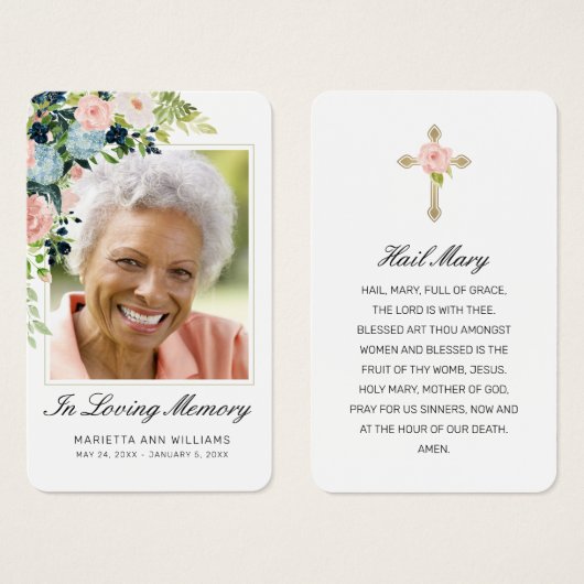 悔やみや弔慰ピンクブルーバラフローラフォト祈りの言葉カード (正面&裏面)