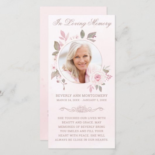 悔やみや弔慰ピンクローズフローラ写真葬儀祈りの言葉 (正面/裏面)