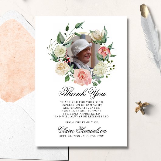 悔やみや弔慰フェミニンサンキューウォーターカラーフローラピンク サンキューカード