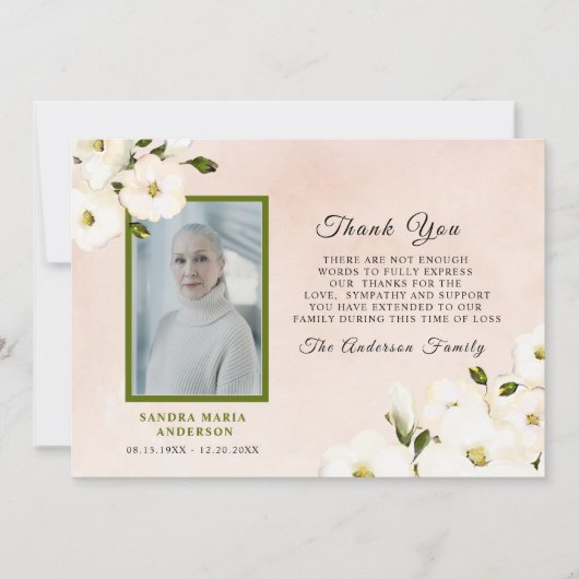 悔やみや弔慰フローラピンクの写真メモリありがとう サンキューカード (正面)