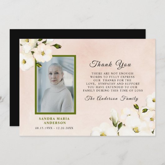悔やみや弔慰フローラピンクの写真メモリありがとう  サンキューカード (正面/裏面)