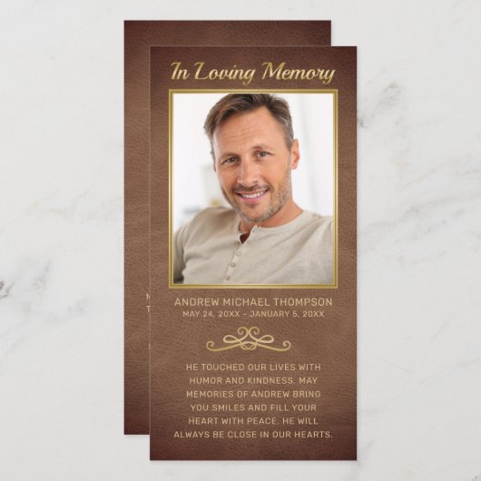 悔やみや弔慰ブラウンレザー金ゴールド写真葬儀祈りの言葉 (正面/裏面)