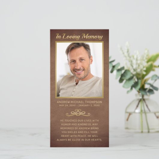 悔やみや弔慰ブラウンレザー金ゴールド写真葬儀祈りの言葉 (スタンド正面)