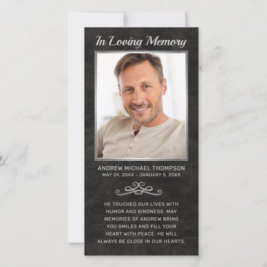 悔やみや弔慰ブラックレザーシルバーフォト葬儀祈りの言葉 (正面)