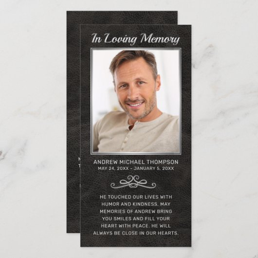 悔やみや弔慰ブラックレザーシルバーフォト葬儀祈りの言葉 (正面/裏面)