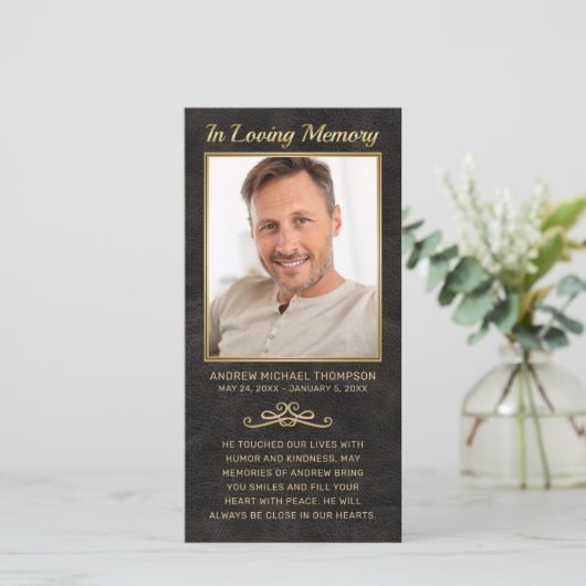 悔やみや弔慰ブラックレザー金ゴールド写真葬儀祈りの言葉 (スタンド正面)