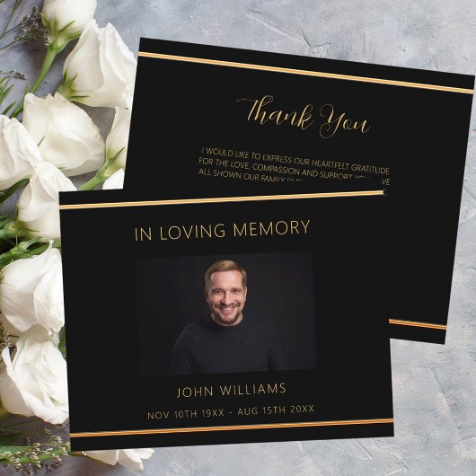 悔やみや弔慰ブラック金ゴールドフォトシンプルサンキューカード