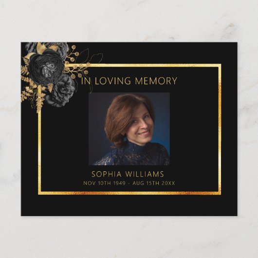 悔やみや弔慰ブラック金ゴールドフォトフローラサンキューカード (正面)