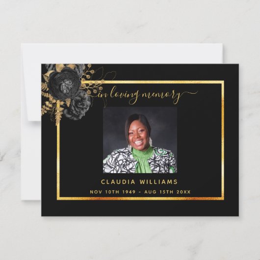 悔やみや弔慰ブラック金ゴールドフローラ写真サンキューカード (正面)