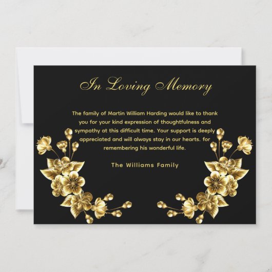 悔やみや弔慰ブラック金ゴールドフローラ感謝してい予算あなた写真 サンキューカード (正面)