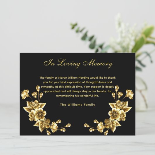 悔やみや弔慰ブラック金ゴールドフローラ感謝してい予算あなた写真 サンキューカード (スタンド正面)