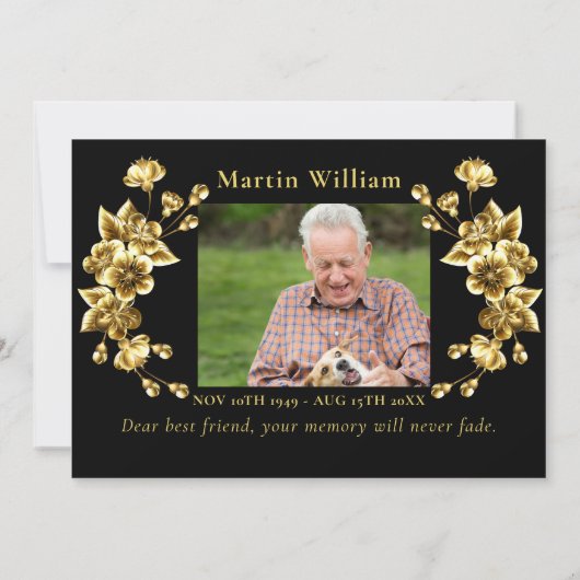 悔やみや弔慰ブラック金ゴールドフローラ感謝してい予算あなた写真 サンキューカード (裏面)