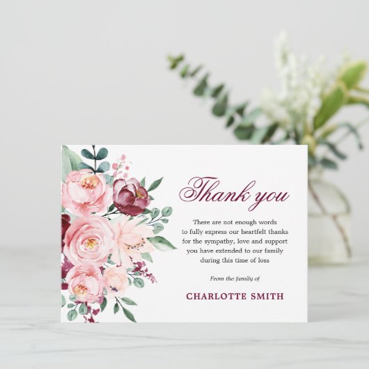 悔やみや弔慰ブルゴーニュ&ピンクローゼスサンキュー |写真 サンキューカード (スタンド正面)