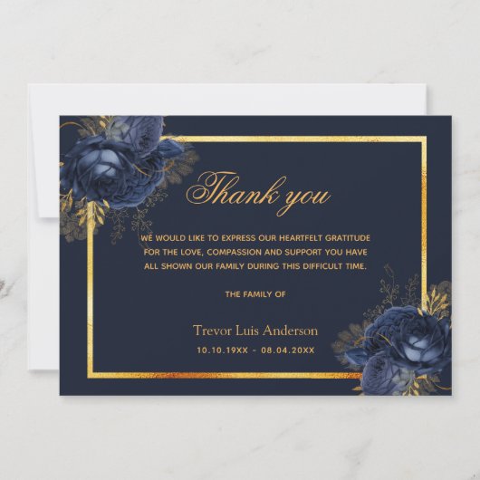 悔やみや弔慰ブルー金ゴールドシンプルフローラ (正面)