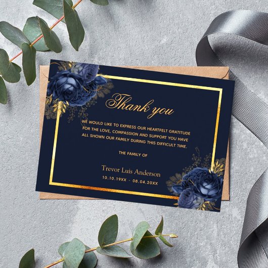 悔やみや弔慰ブルー金ゴールドシンプルフローラ