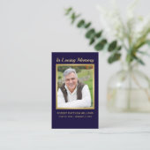 悔やみや弔慰ブルー金ゴールド写真葬儀記念カード 名刺 (スタンド正面)