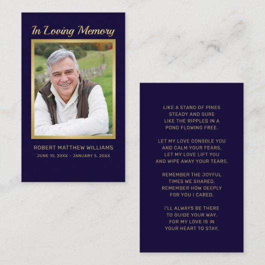 悔やみや弔慰ブルー金ゴールド写真葬儀記念カード 名刺 (正面/裏面)