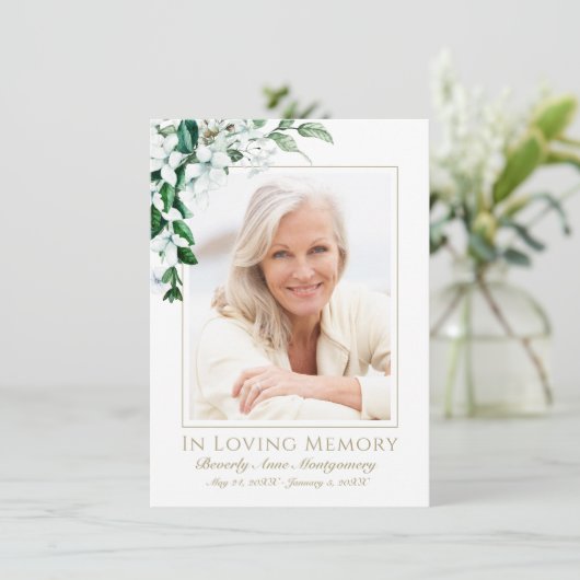 悔やみや弔慰ホワイトマグノリアフローラ写真葬儀 サンキューカード (スタンド正面)