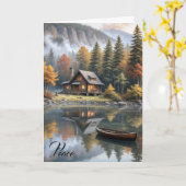 悔やみや弔慰マウンテンローボート付きログキャビン カード (黄色い花)