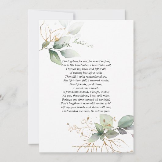 悔やみや弔慰メモリの緑の金ゴールドありがとう|詩 サンキューカード (裏面)