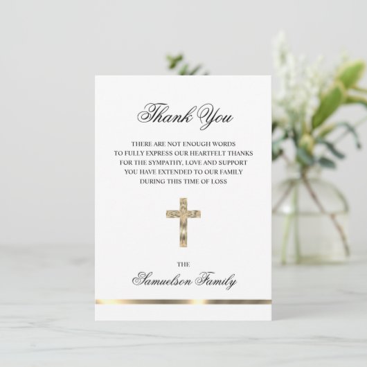 悔やみや弔慰メモリアルクロス金ゴールド写真ありがとう サンキューカード (スタンド正面)