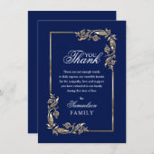 悔やみや弔慰メモリアルネイビーブルー金ゴールドありがとう サンキューカード (正面/裏面)
