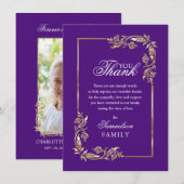 悔やみや弔慰メモリアルパープル金ゴールド写真ありがとう サンキューカード (正面/裏面)