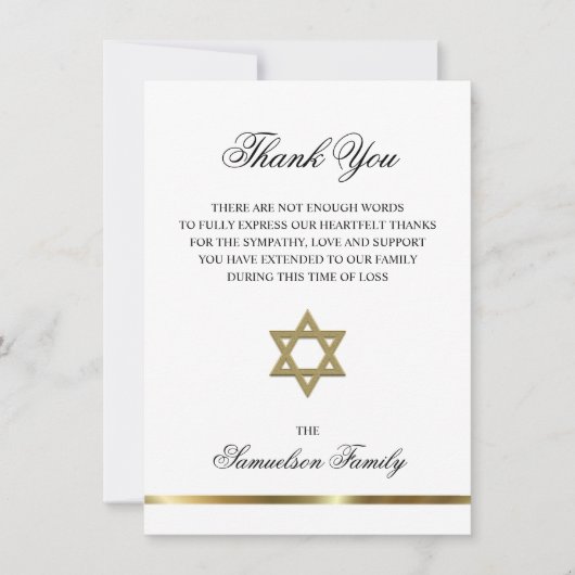 悔やみや弔慰メモリアルユダヤ人スター金ゴールドPHOTOありがとう サンキューカード (正面)