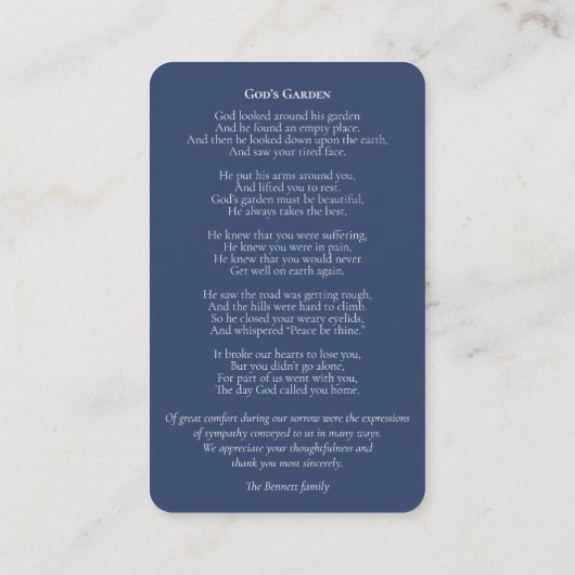 悔やみや弔慰メモリアル反射葬儀祈りの言葉カード 名刺 (裏面)