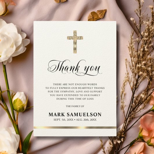 悔やみや弔慰メモリアル宗教十字架ベージュ色金ゴールド感謝してい サンキューカード