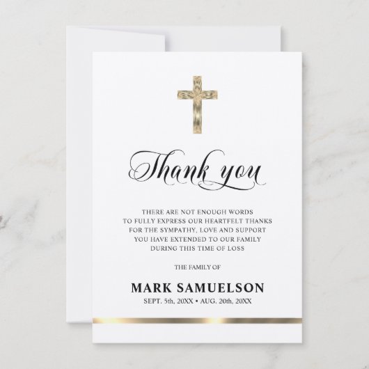 悔やみや弔慰メモリアル宗教十字架ベージュ色金ゴールド感謝してい サンキューカード (正面)