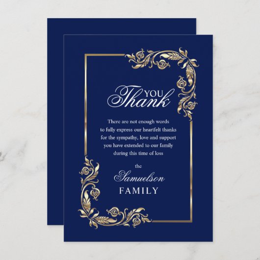 悔やみや弔慰メモリアル海軍ブルー金ゴールド写真ありがとう サンキューカード (正面/裏面)