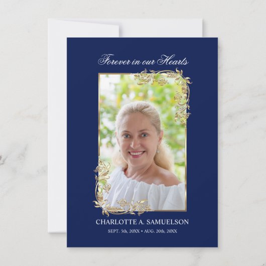 悔やみや弔慰メモリアル海軍ブルー金ゴールド写真ありがとう サンキューカード (裏面)