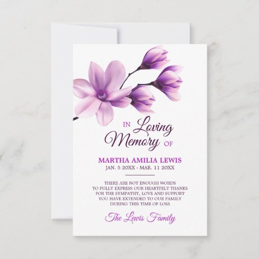 悔やみや弔慰メモリーフラワーパープルマグノリアありがとう サンキューカード (正面)