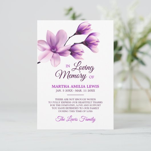 悔やみや弔慰メモリーフラワーパープルマグノリアありがとう サンキューカード (スタンド正面)