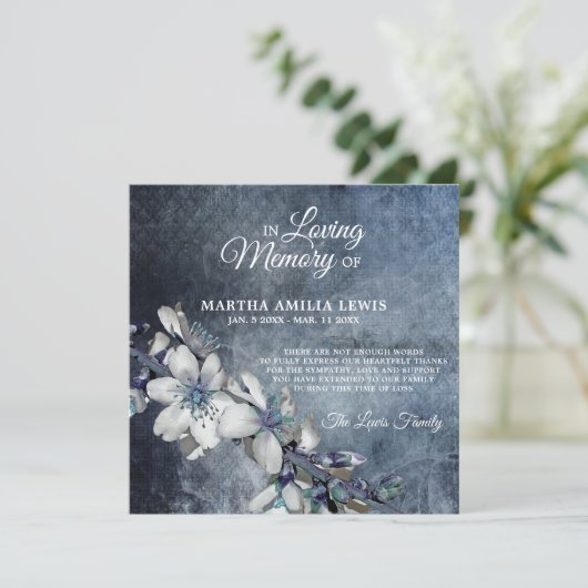 悔やみや弔慰メモリーフラワーブルーフローラありがとう サンキューカード (スタンド正面)