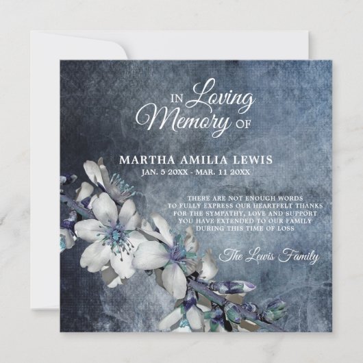 悔やみや弔慰メモリーフラワーブルーフローラありがとう サンキューカード (正面)