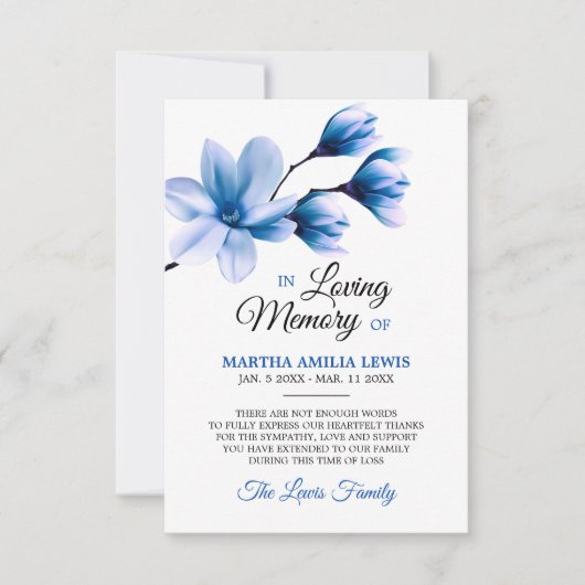 悔やみや弔慰メモリーフラワーブルーマグノリアありがとう サンキューカード (正面)